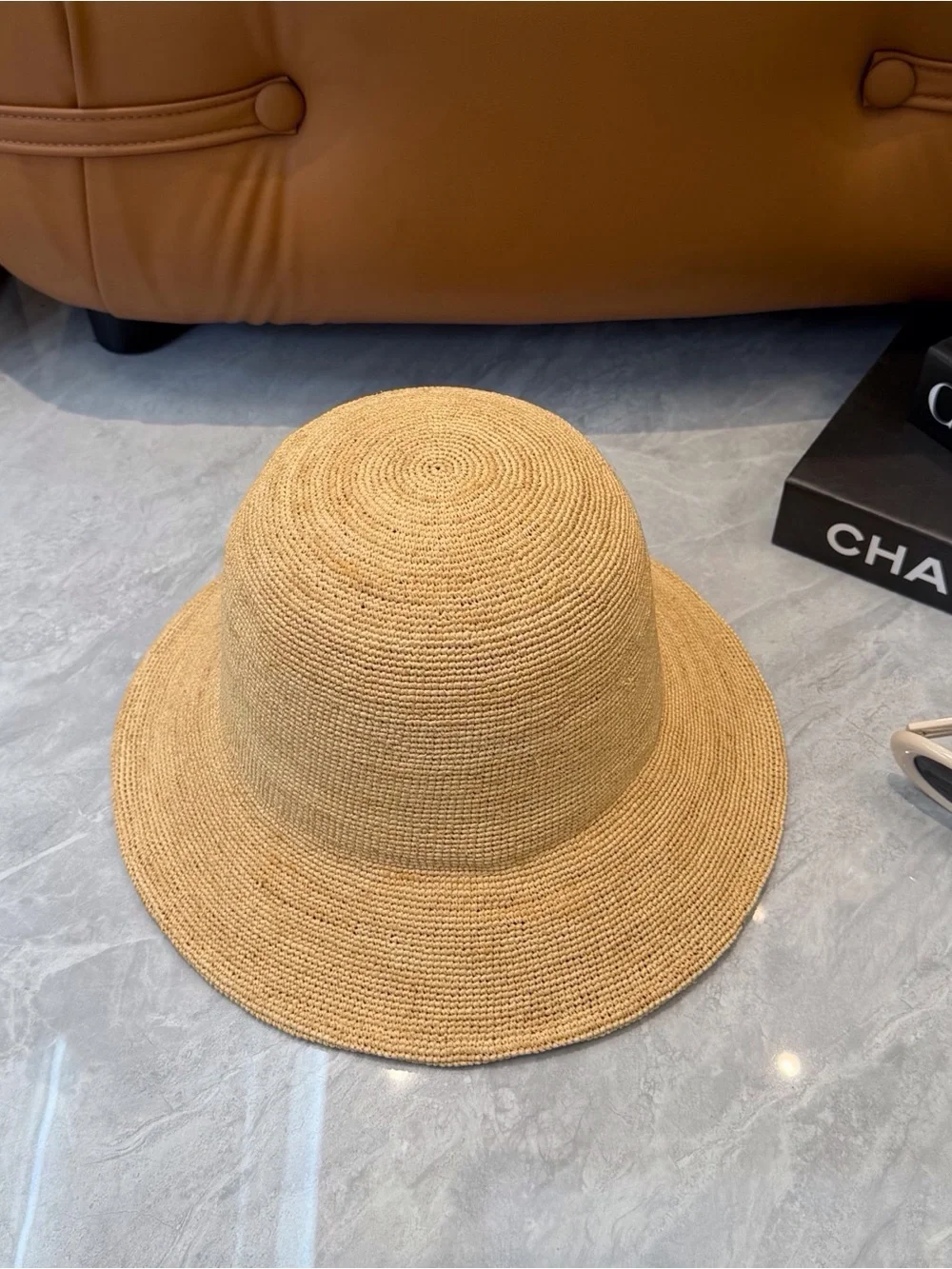 Loewe Tan Straw Bucket Hat with Leather Anagram Accent